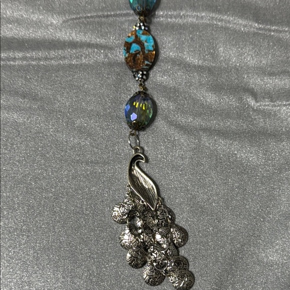 Elegant Silver and Blue Peacock Rear View Mirror Hanger - Picture 5 of 8